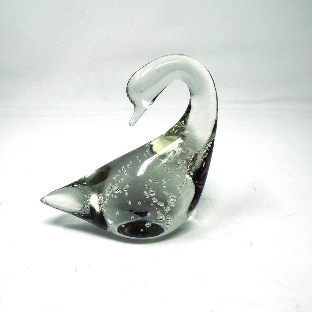 Hand Blown Clear Glass Swan Figurine Controlled Bubble Paperweight